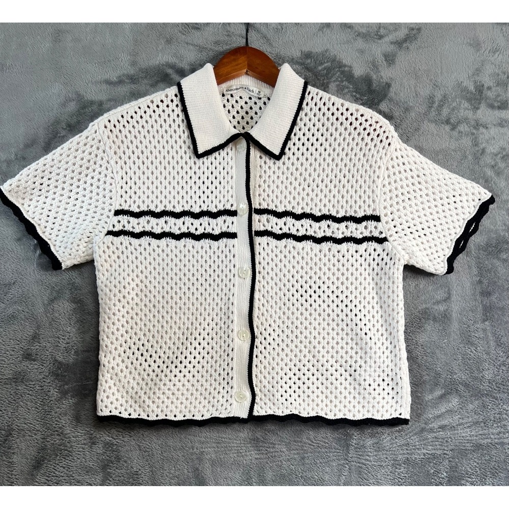 Abercrombie & Fitch Crochet Polo Womens Medium White Black Stripe Open Knit